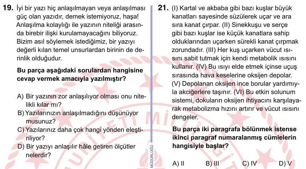 9, 10, 11. Sınıf Türk Dili ve Edebiyatı 2024 İOKBS Bursluluk Sınavı 21. Soru görseli