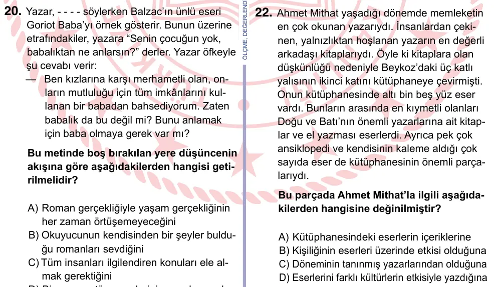 9, 10, 11. Sınıf Türk Dili ve Edebiyatı 2024 İOKBS Bursluluk Sınavı 22. Soru görseli