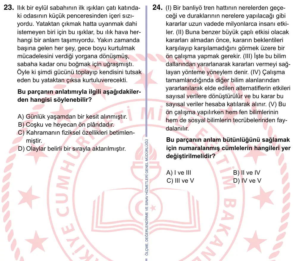 9, 10, 11. Sınıf Türk Dili ve Edebiyatı 2024 İOKBS Bursluluk Sınavı 23. Soru görseli