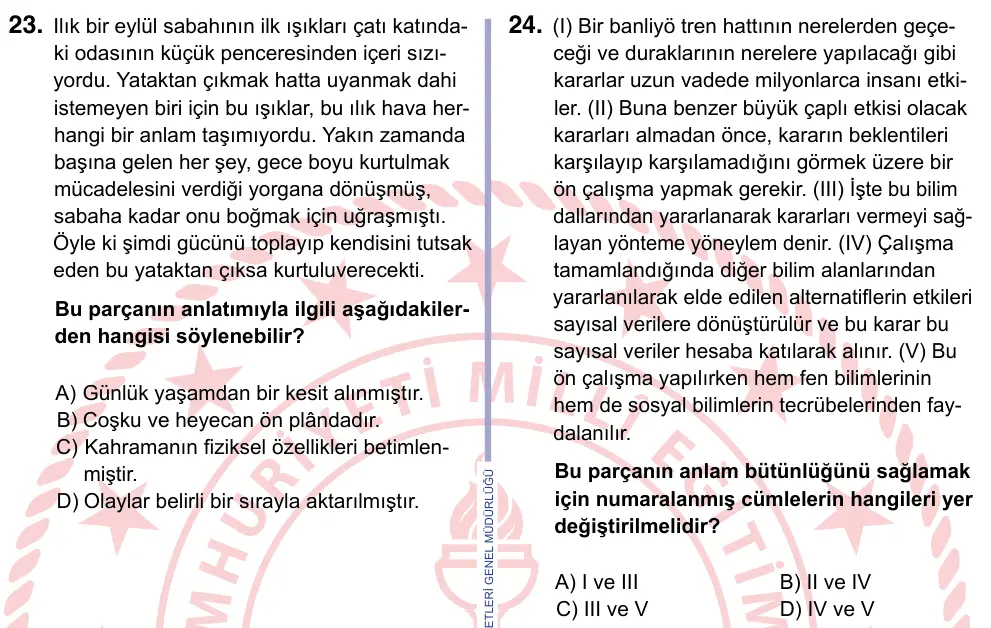 9, 10, 11. Sınıf Türk Dili ve Edebiyatı 2024 İOKBS Bursluluk Sınavı 24. Soru görseli