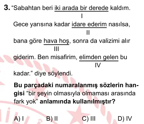 9, 10, 11. Sınıf Türk Dili ve Edebiyatı 2024 İOKBS Bursluluk Sınavı 3. Soru görseli