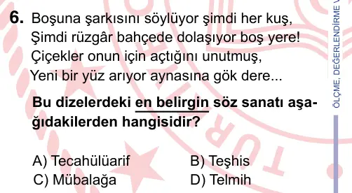 9, 10, 11. Sınıf Türk Dili ve Edebiyatı 2024 İOKBS Bursluluk Sınavı 6. Soru görseli