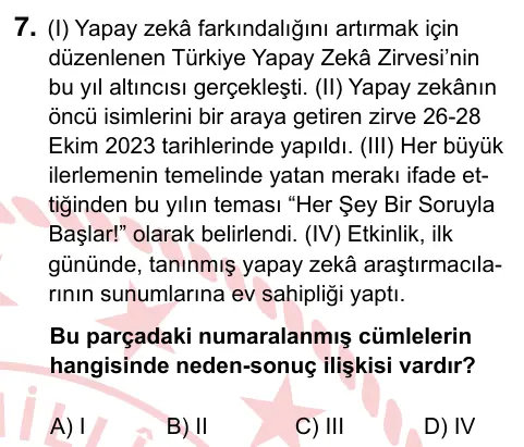 9, 10, 11. Sınıf Türk Dili ve Edebiyatı 2024 İOKBS Bursluluk Sınavı 7. Soru görseli