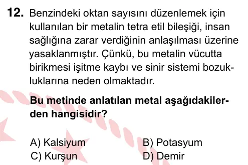 9, 10, 11. Sınıf Fen Bilimleri 2024 İOKBS Bursluluk Sınavı 12. Soru görseli