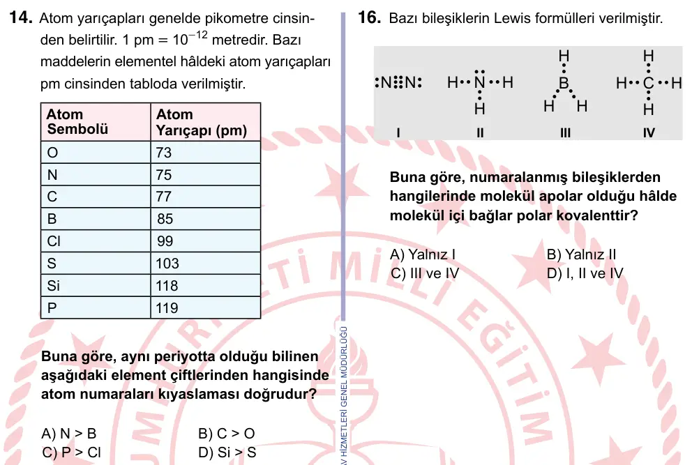 9, 10, 11. Sınıf Fen Bilimleri 2024 İOKBS Bursluluk Sınavı 14. Soru görseli