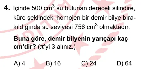 9, 10, 11. Sınıf Fen Bilimleri 2024 İOKBS Bursluluk Sınavı 4. Soru görseli