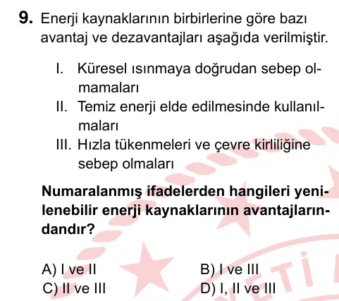 9, 10, 11. Sınıf Fen Bilimleri 2024 İOKBS Bursluluk Sınavı 9. Soru görseli