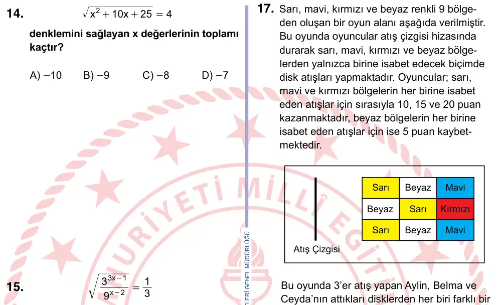 9, 10, 11. Sınıf Matematik 2024 İOKBS Bursluluk Sınavı 14. Soru görseli