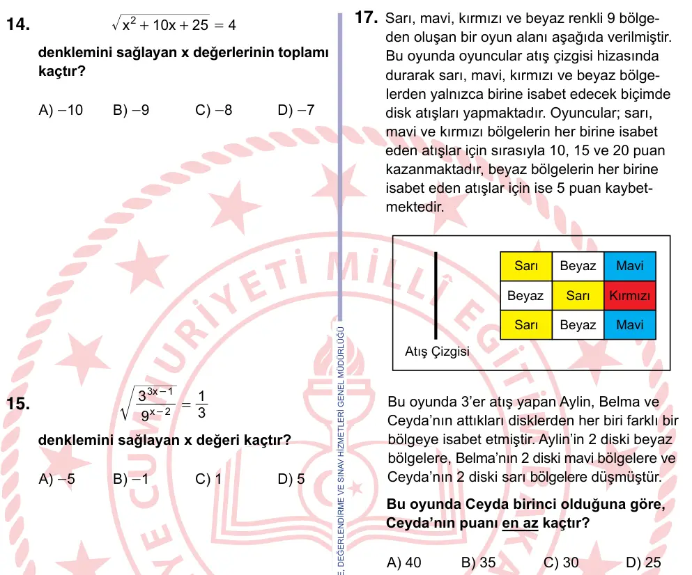 9, 10, 11. Sınıf Matematik 2024 İOKBS Bursluluk Sınavı 17. Soru görseli