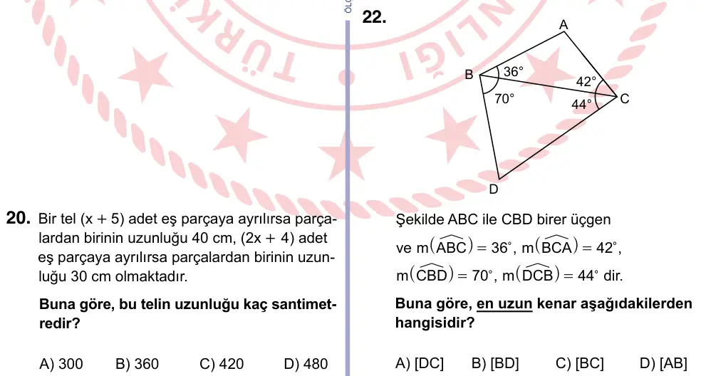 9, 10, 11. Sınıf Matematik 2024 İOKBS Bursluluk Sınavı 22. Soru görseli