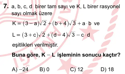 9, 10, 11. Sınıf Matematik 2024 İOKBS Bursluluk Sınavı 7. Soru görseli