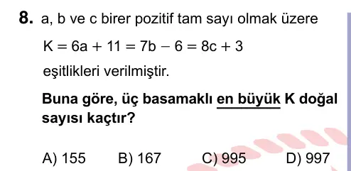 9, 10, 11. Sınıf Matematik 2024 İOKBS Bursluluk Sınavı 8. Soru görseli