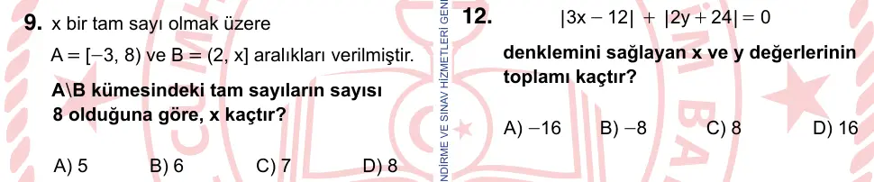 9, 10, 11. Sınıf Matematik 2024 İOKBS Bursluluk Sınavı 9. Soru görseli