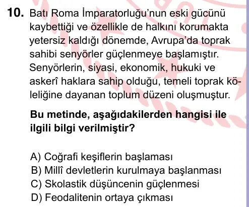 9, 10, 11. Sınıf Sosyal Bilgiler 2024 İOKBS Bursluluk Sınavı 10. Soru görseli