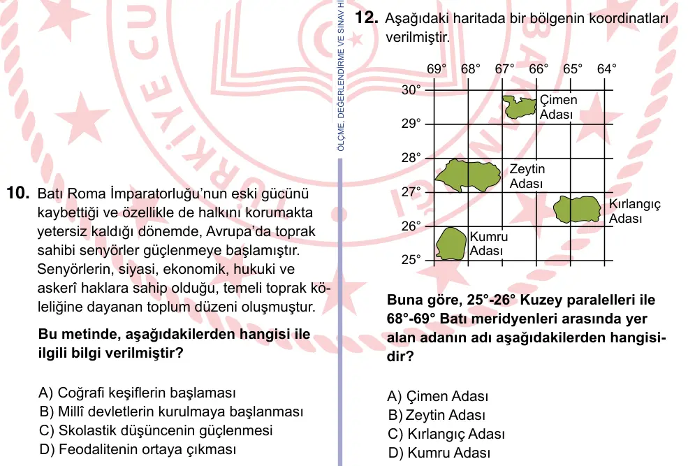 9, 10, 11. Sınıf Sosyal Bilgiler 2024 İOKBS Bursluluk Sınavı 12. Soru görseli