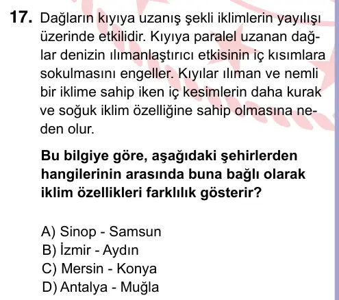 9, 10, 11. Sınıf Sosyal Bilgiler 2024 İOKBS Bursluluk Sınavı 17. Soru görseli