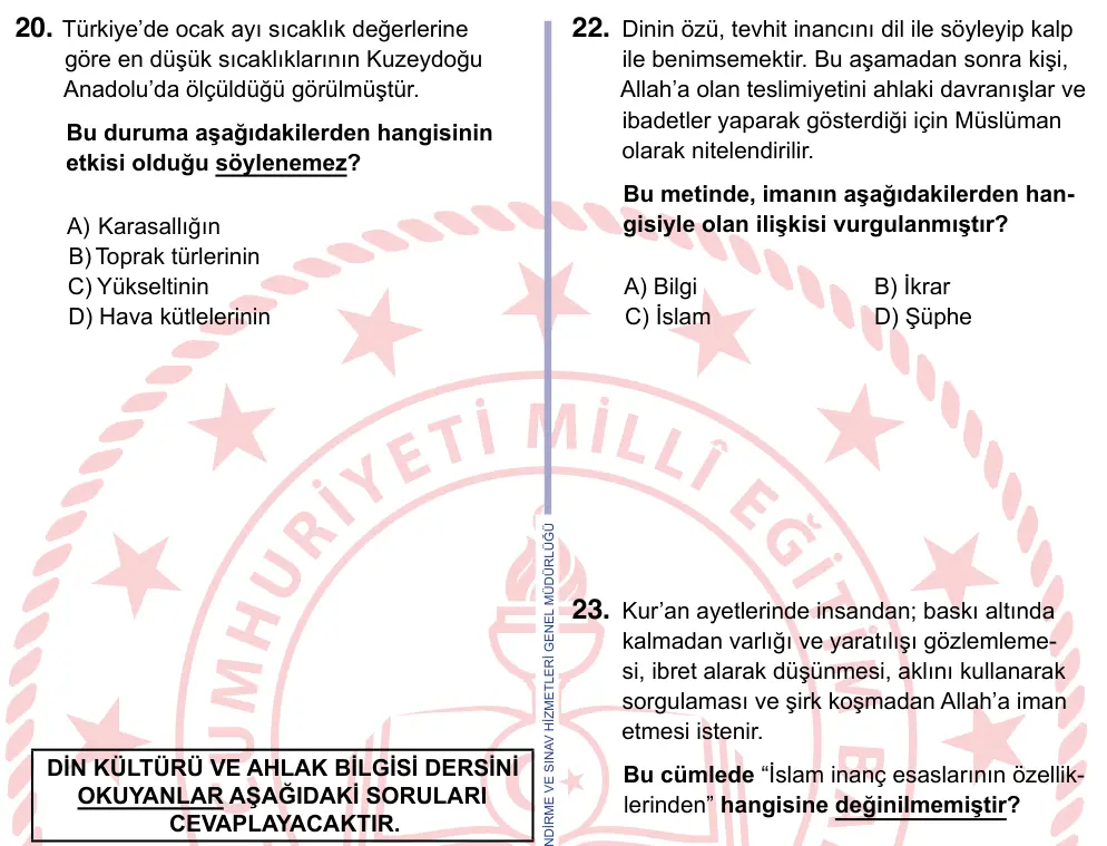 9, 10, 11. Sınıf Sosyal Bilgiler 2024 İOKBS Bursluluk Sınavı 20. Soru görseli
