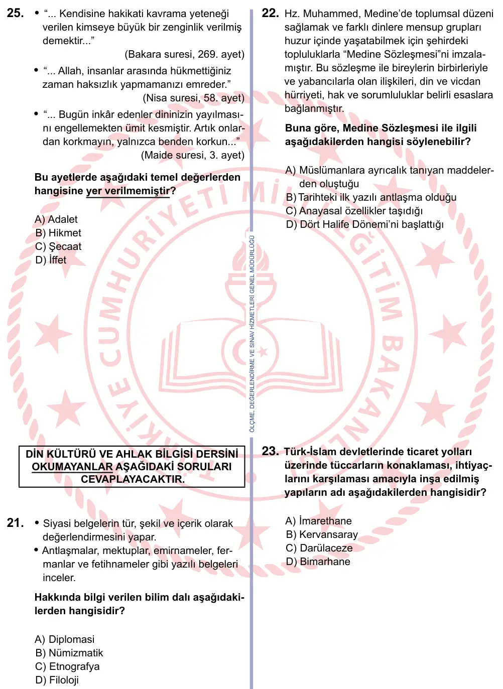 9, 10, 11. Sınıf Sosyal Bilgiler 2024 İOKBS Bursluluk Sınavı 25. Soru görseli (1/4)