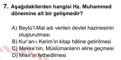9, 10, 11. Sınıf Sosyal Bilgiler 2024 İOKBS Bursluluk Sınavı 7. Soru görseli