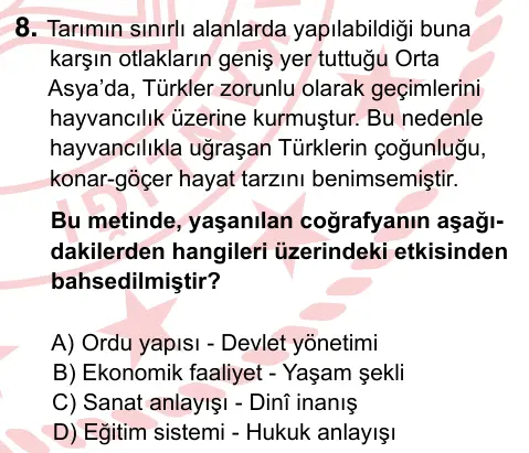 9, 10, 11. Sınıf Sosyal Bilgiler 2024 İOKBS Bursluluk Sınavı 8. Soru görseli