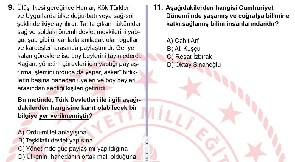 9, 10, 11. Sınıf Sosyal Bilgiler 2024 İOKBS Bursluluk Sınavı 9. Soru görseli