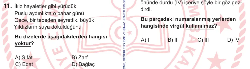 10, 11. Sınıf Türk Dili ve Edebiyatı 2025 İOKBS Bursluluk Sınavı 11. Soru görseli