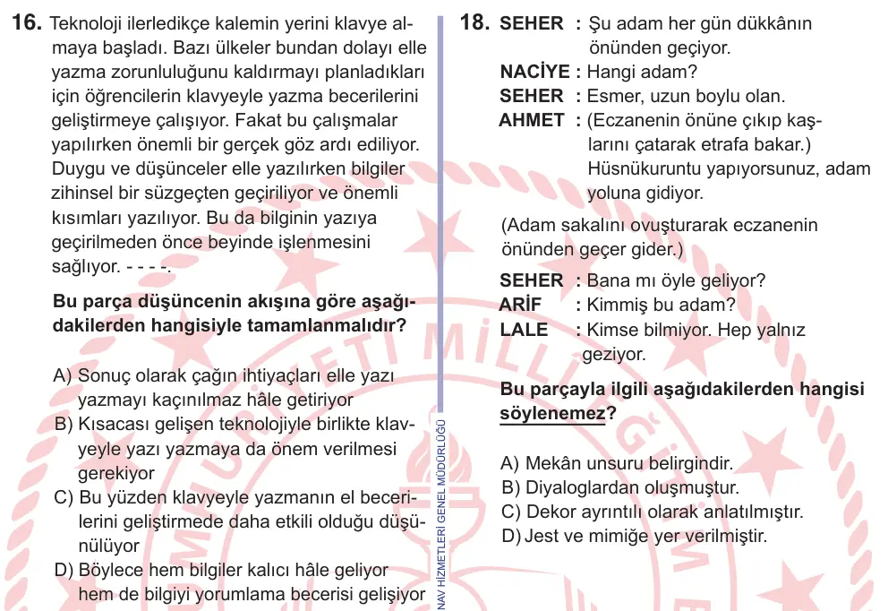 10, 11. Sınıf Türk Dili ve Edebiyatı 2025 İOKBS Bursluluk Sınavı 16. Soru görseli