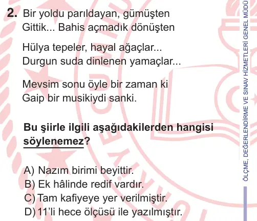 10, 11. Sınıf Türk Dili ve Edebiyatı 2025 İOKBS Bursluluk Sınavı 2. Soru görseli