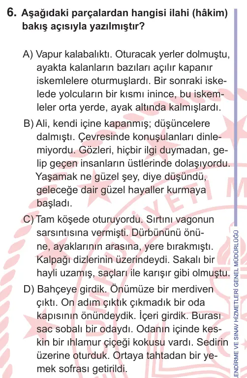 10, 11. Sınıf Türk Dili ve Edebiyatı 2025 İOKBS Bursluluk Sınavı 6. Soru görseli
