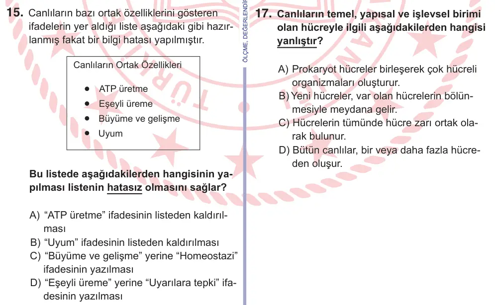 10, 11. Sınıf Fen Bilimleri 2025 İOKBS Bursluluk Sınavı 15. Soru görseli