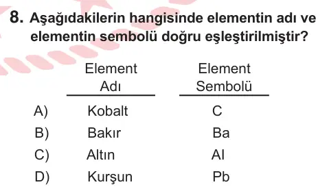 10, 11. Sınıf Fen Bilimleri 2025 İOKBS Bursluluk Sınavı 8. Soru görseli