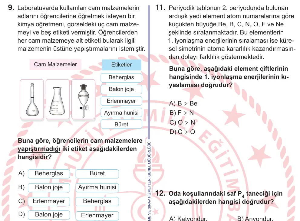 10, 11. Sınıf Fen Bilimleri 2025 İOKBS Bursluluk Sınavı 9. Soru görseli
