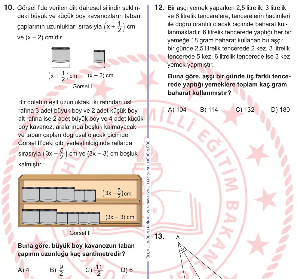 10, 11. Sınıf Matematik 2025 İOKBS Bursluluk Sınavı 10. Soru görseli