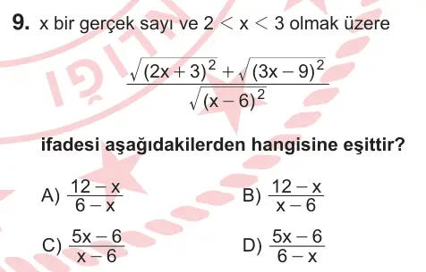 10, 11. Sınıf Matematik 2025 İOKBS Bursluluk Sınavı 9. Soru görseli