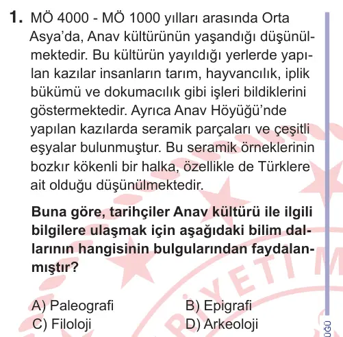 10, 11. Sınıf Sosyal Bilgiler 2025 İOKBS Bursluluk Sınavı 1. Soru görseli
