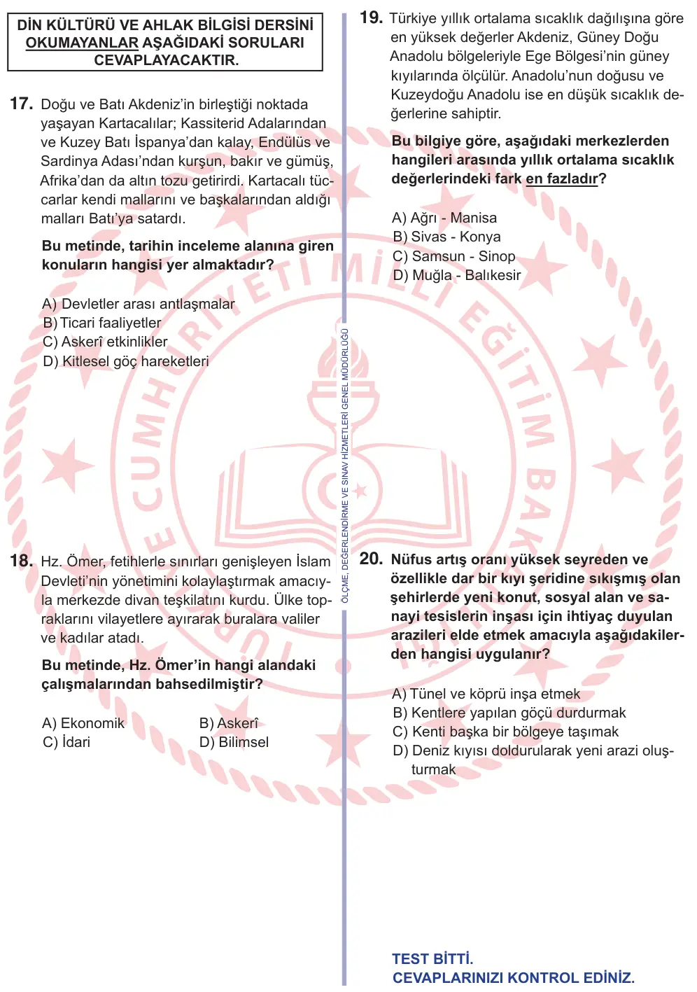 10, 11. Sınıf Sosyal Bilgiler 2025 İOKBS Bursluluk Sınavı 20. Soru görseli (2/3)