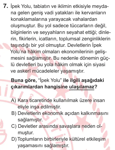 10, 11. Sınıf Sosyal Bilgiler 2025 İOKBS Bursluluk Sınavı 7. Soru görseli