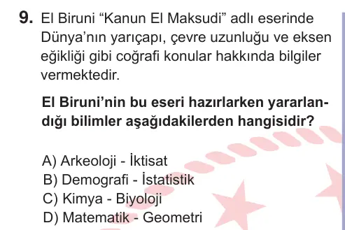 10, 11. Sınıf Sosyal Bilgiler 2025 İOKBS Bursluluk Sınavı 9. Soru görseli