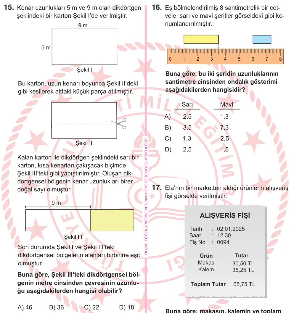 5. Sınıf Matematik 2025 İOKBS Bursluluk Sınavı 15. Soru görseli