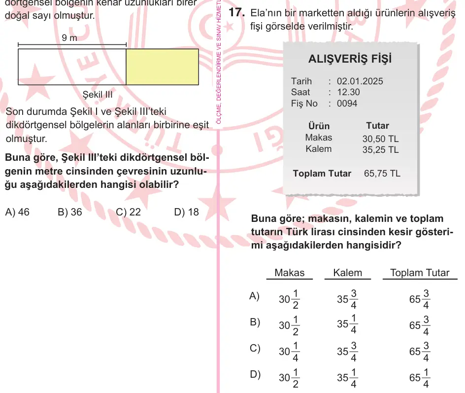 5. Sınıf Matematik 2025 İOKBS Bursluluk Sınavı 17. Soru görseli