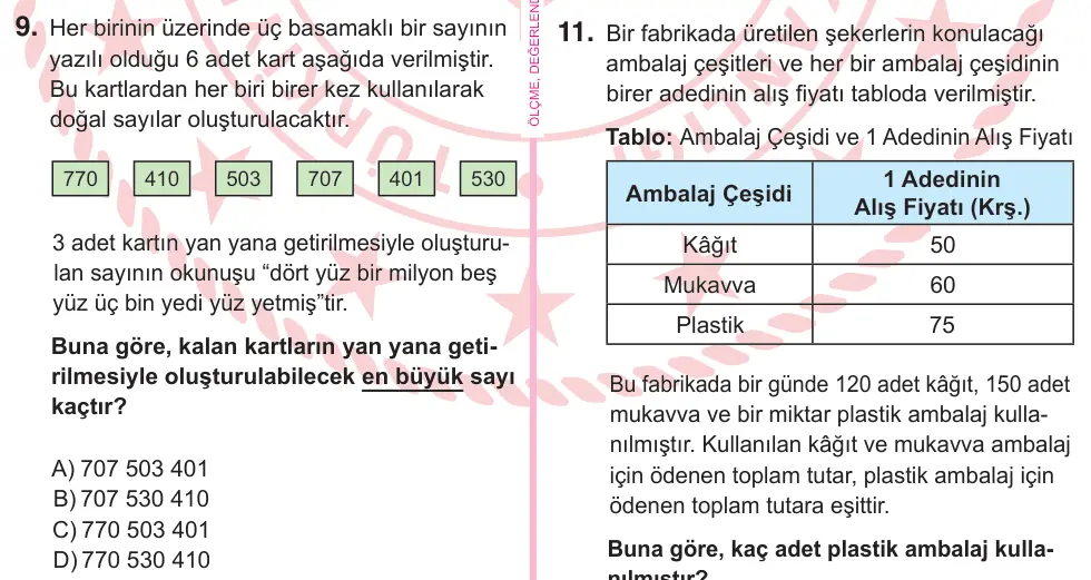 5. Sınıf Matematik 2025 İOKBS Bursluluk Sınavı 9. Soru görseli
