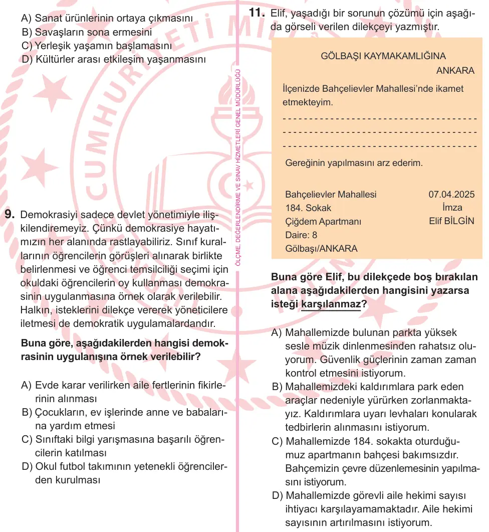 5. Sınıf Sosyal Bilgiler 2025 İOKBS Bursluluk Sınavı 11. Soru görseli
