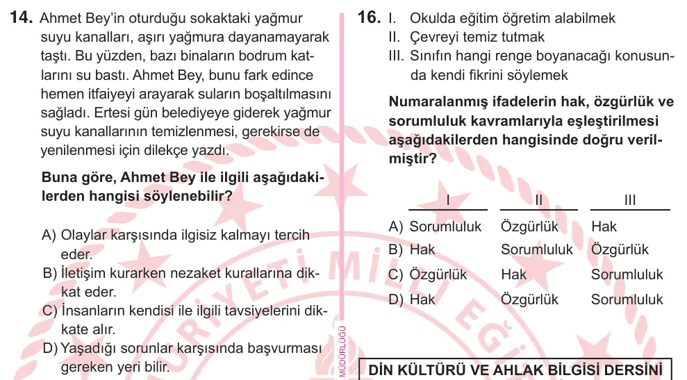 5. Sınıf Sosyal Bilgiler 2025 İOKBS Bursluluk Sınavı 14. Soru görseli
