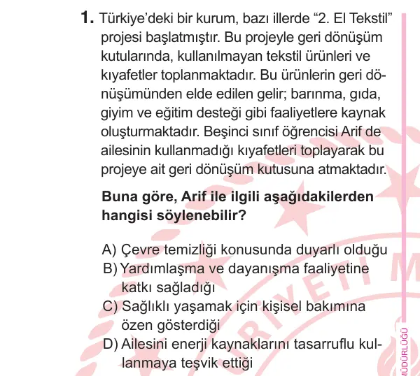 5. Sınıf Sosyal Bilgiler 2025 İOKBS Bursluluk Sınavı 1. Soru görseli