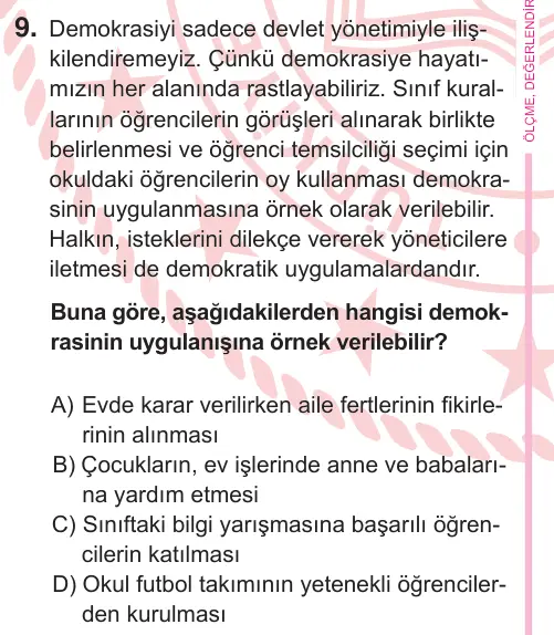 5. Sınıf Sosyal Bilgiler 2025 İOKBS Bursluluk Sınavı 9. Soru görseli