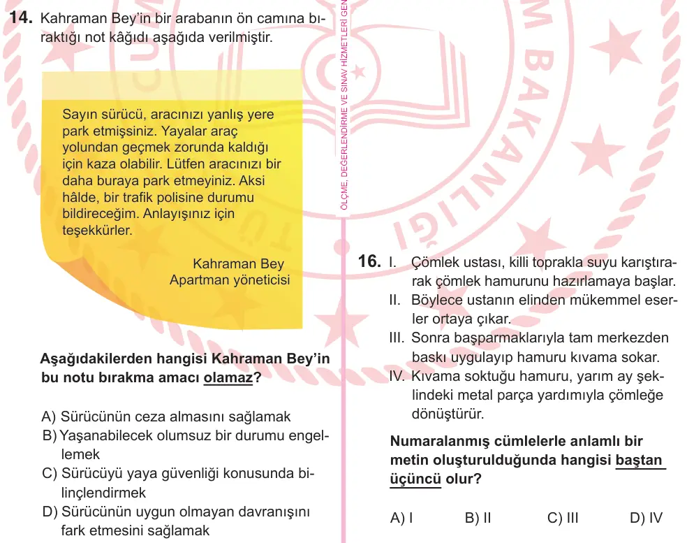 5. Sınıf Türkçe 2025 İOKBS Bursluluk Sınavı 14. Soru görseli