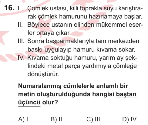 5. Sınıf Türkçe 2025 İOKBS Bursluluk Sınavı 16. Soru görseli
