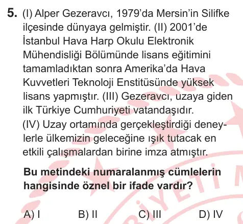 5. Sınıf Türkçe 2025 İOKBS Bursluluk Sınavı 5. Soru görseli
