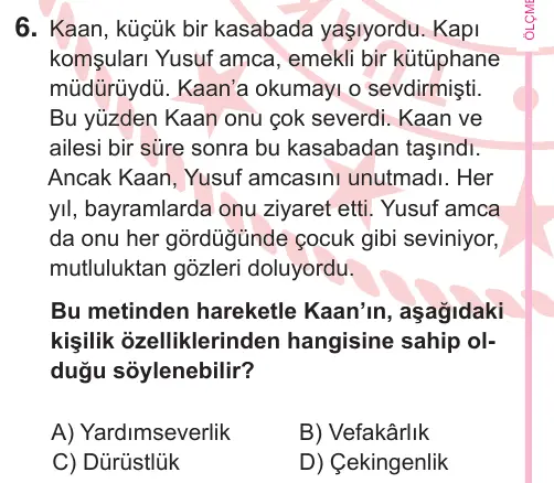5. Sınıf Türkçe 2025 İOKBS Bursluluk Sınavı 6. Soru görseli