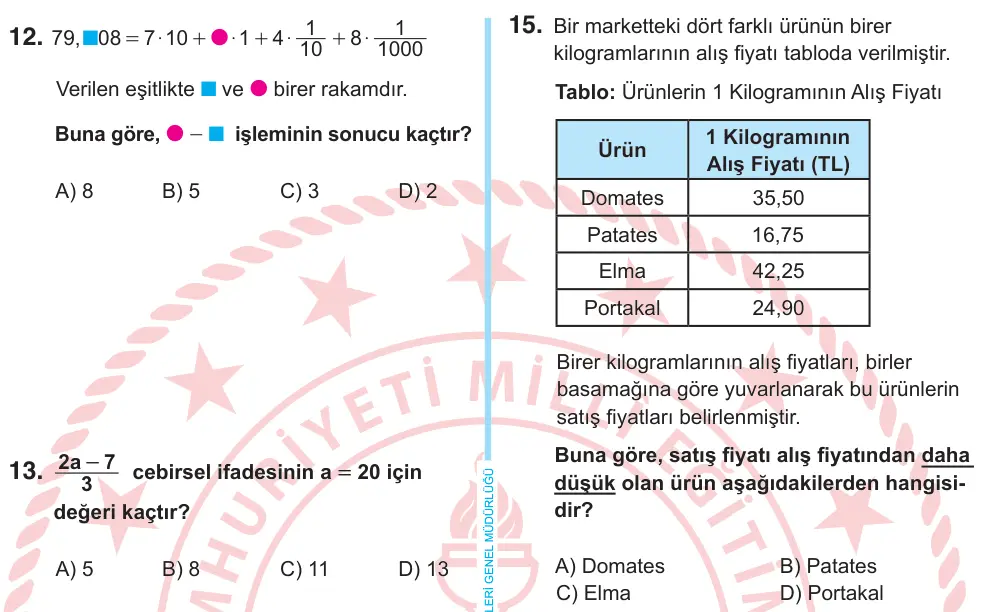 6. Sınıf Matematik 2025 İOKBS Bursluluk Sınavı 15. Soru görseli